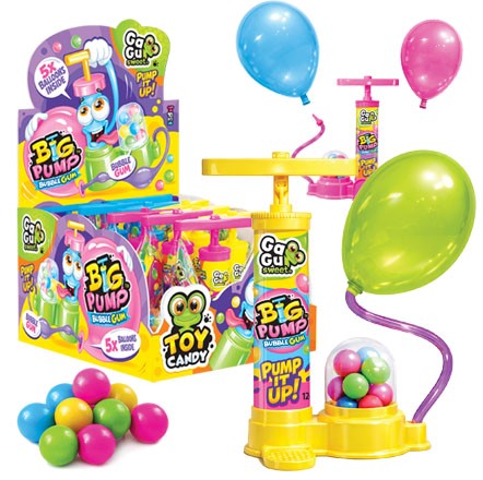 detail BM GAGU BIG PUMP BUBBLE GUM – pumpa + 5x balonek + žvýkačky 12g x 10ks