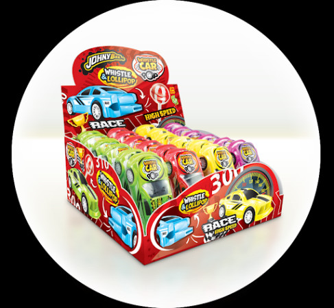 detail JB WHISTLE CAR POP – lízátko auto s píšťalkou 10gx24